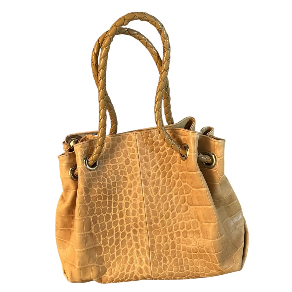 Furla light tan reptile embossed leather bag silver hardware
